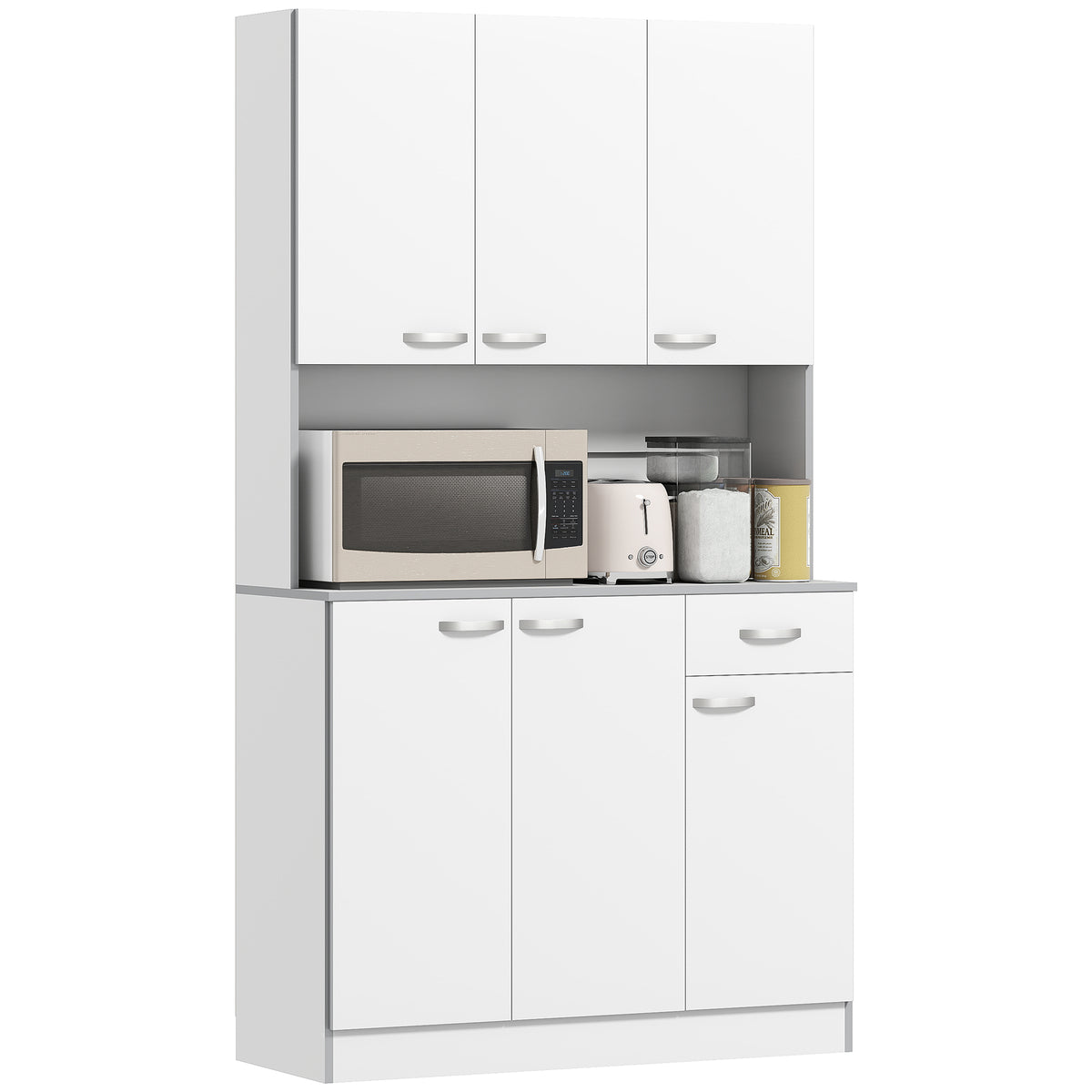 71" Modern Buffet with Hutch, Standing Kitchen Hutch with Storage Cabinets, Drawer, Open Space with Microwave Stand, White
