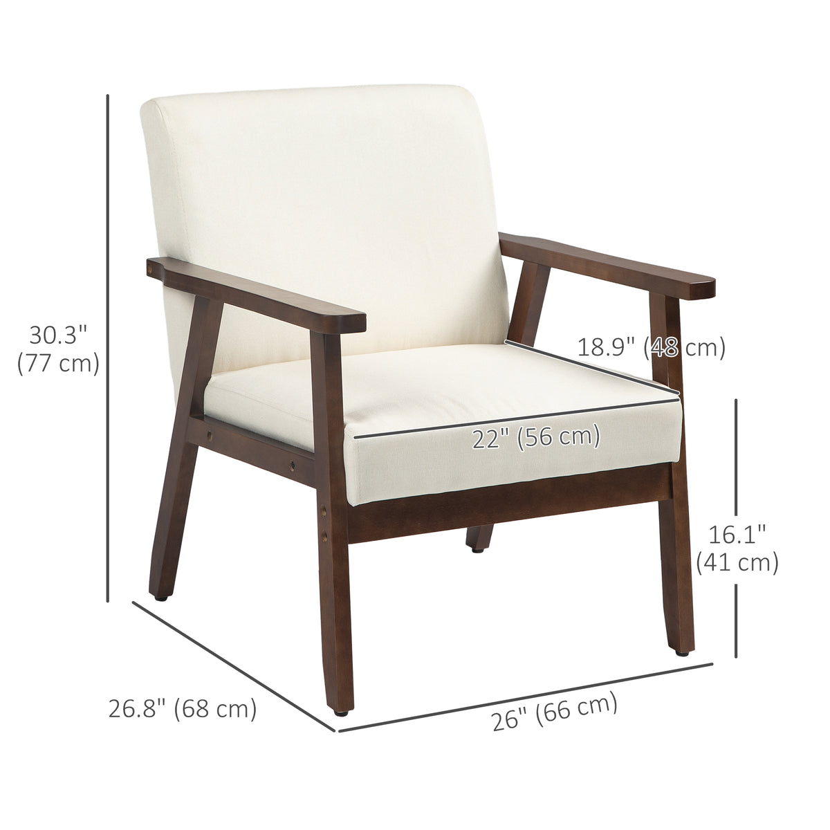 Modern Accent Chairs with Cushioned Seat, Upholstered Linen-Feel Armchair for Bedroom, Living Room, Cream White
