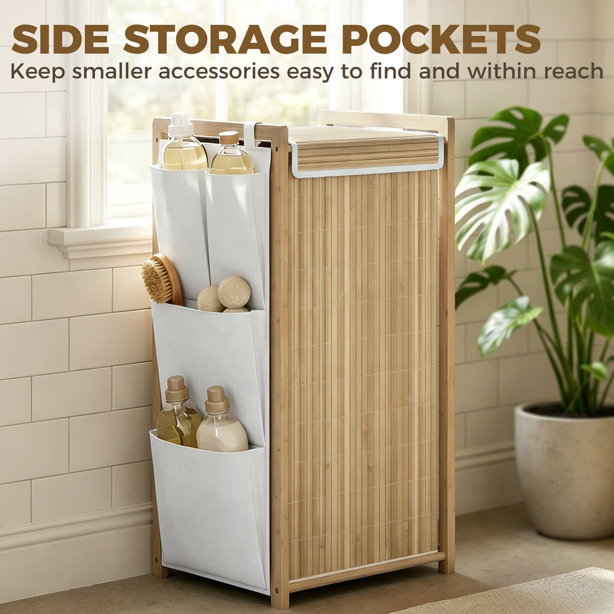 Bamboo Laundry Hamper with Removable Drawstring Bag and Side Storage Pockets, 20 Gal, Natural