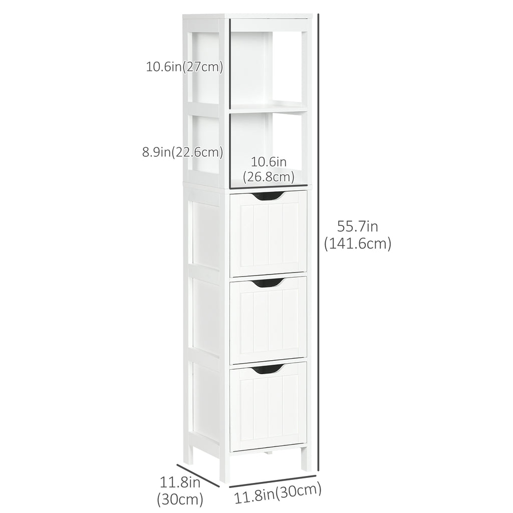 Narrow Bathroom Cabinet with 3 Drawers and 2 Tier Shelf, Tall Cupboard Freestanding Linen Tower, White