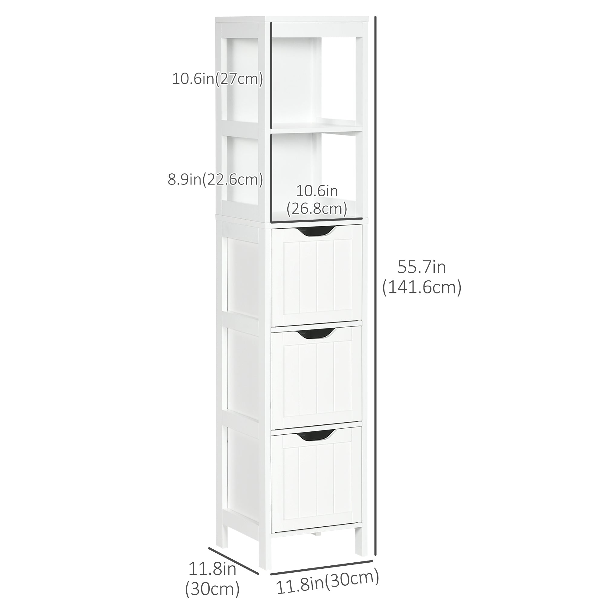 Narrow Bathroom Cabinet with 3 Drawers and 2 Tier Shelf, Tall Cupboard Freestanding Linen Tower, White