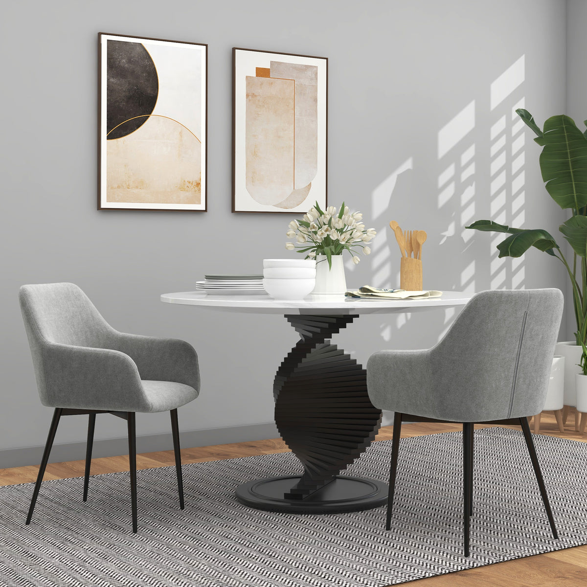 Dining Chairs Set of 2, Velvet-look Fabric Upholstered Kitchen Chairs with Backrest, Armrests and Steel Legs, Dark Grey