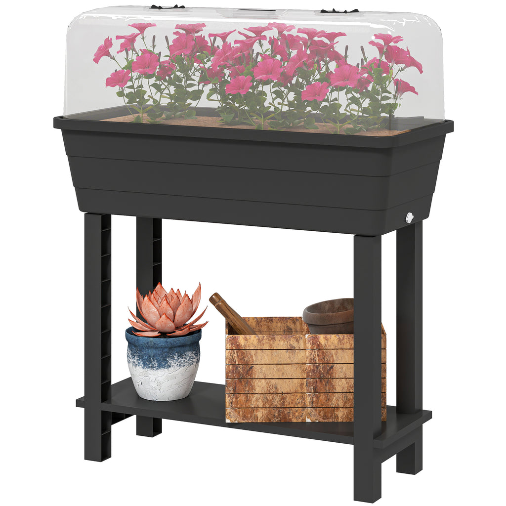 41L Self Watering Raised Garden Bed w/ Ventilation Transparent Lid Greenhouse, Planter Box w/ Storage Shelf, Brown