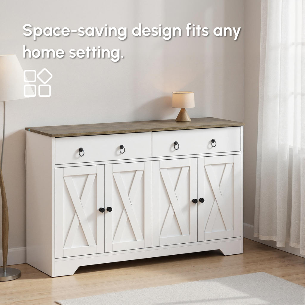Kitchen Sideboard Cabinet with 2 Drawers, 4 Barn Doors and 2 Adjustable Shelves, Buffet Table for Living Room, White