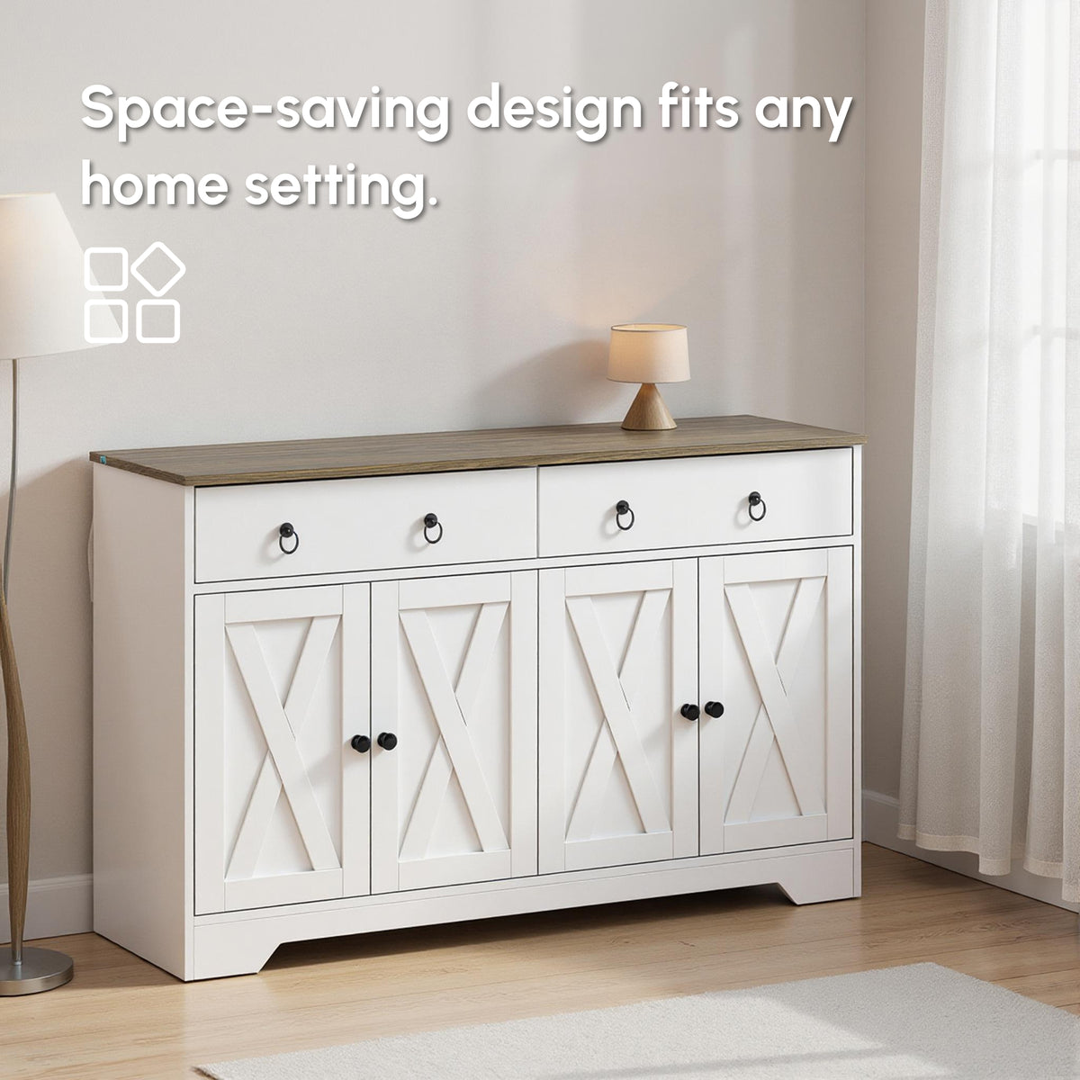 Kitchen Sideboard Cabinet with 2 Drawers, 4 Barn Doors and 2 Adjustable Shelves, Buffet Table for Living Room, White