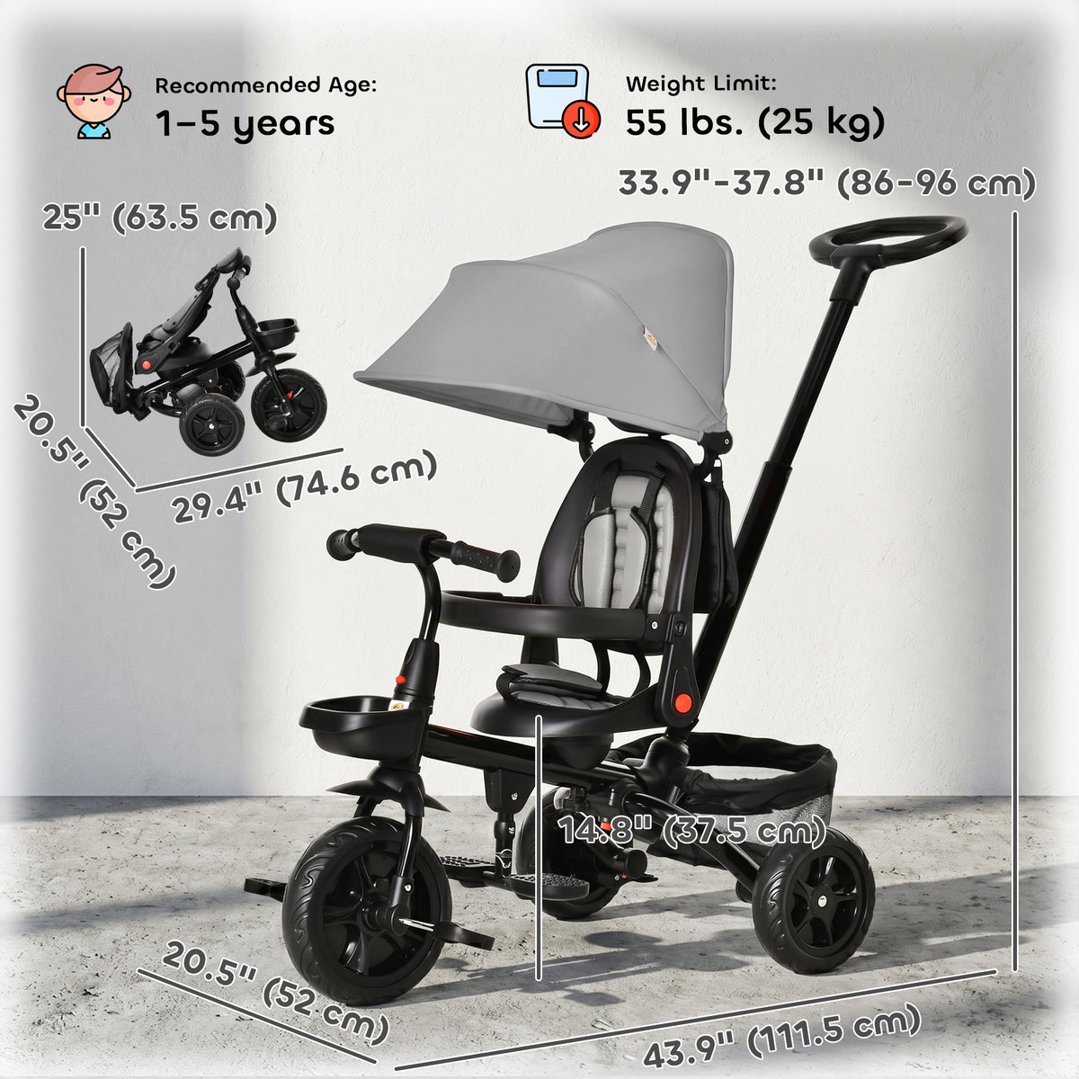 Qaba Tricycle for Toddler 5 in 1 Kids Trike, Foldable Converts Stroller to Toddler Bike, Adjustable Backrest & Curved Canopy, Detachable Guardrail & Handle for 1-5 Years Old, Grey