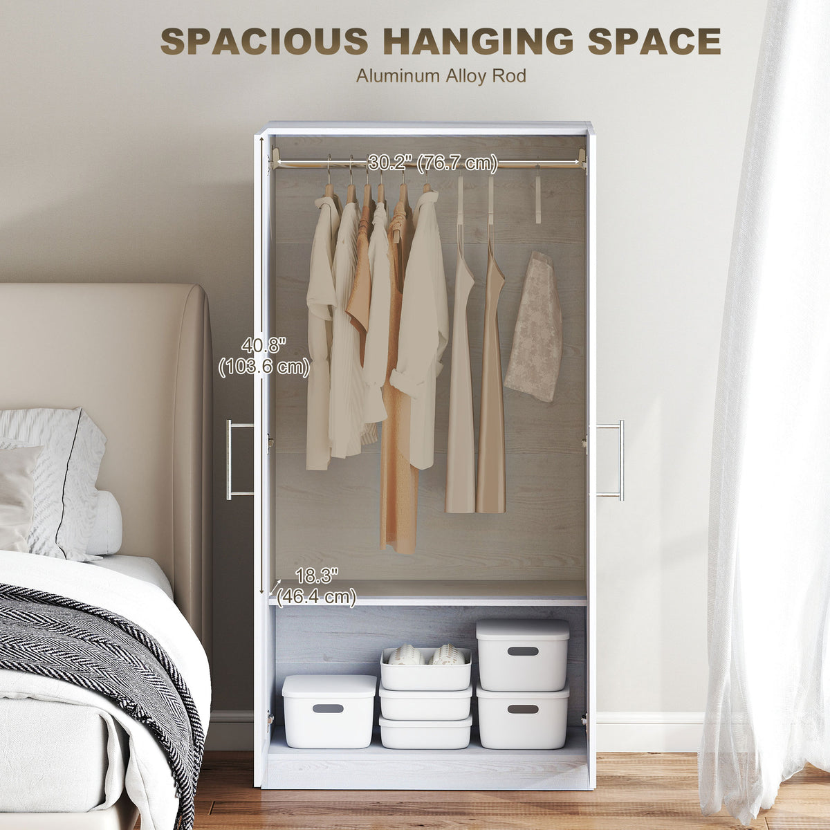 Wardrobe Cabinet with 2 Doors and Hanging Rod, Modern Armoire Wardrobe Closet for Bedroom, White Wood Effect