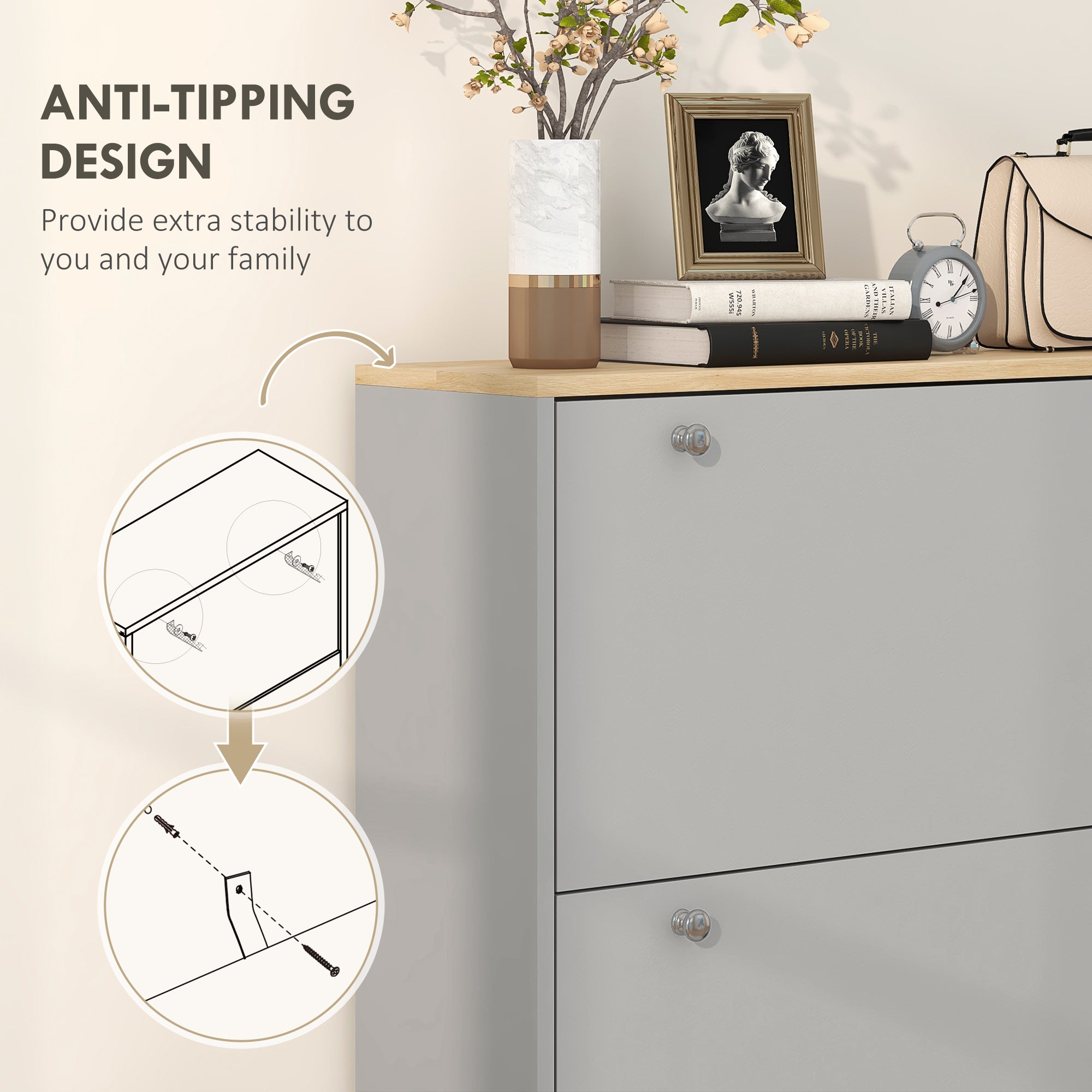 Entryway Shoe Storage Small Modern Flip-Flop Shoe Cabinet with 3 Flip Drawers Adjustable Shelves for 24 Pairs of Shoes, Grey