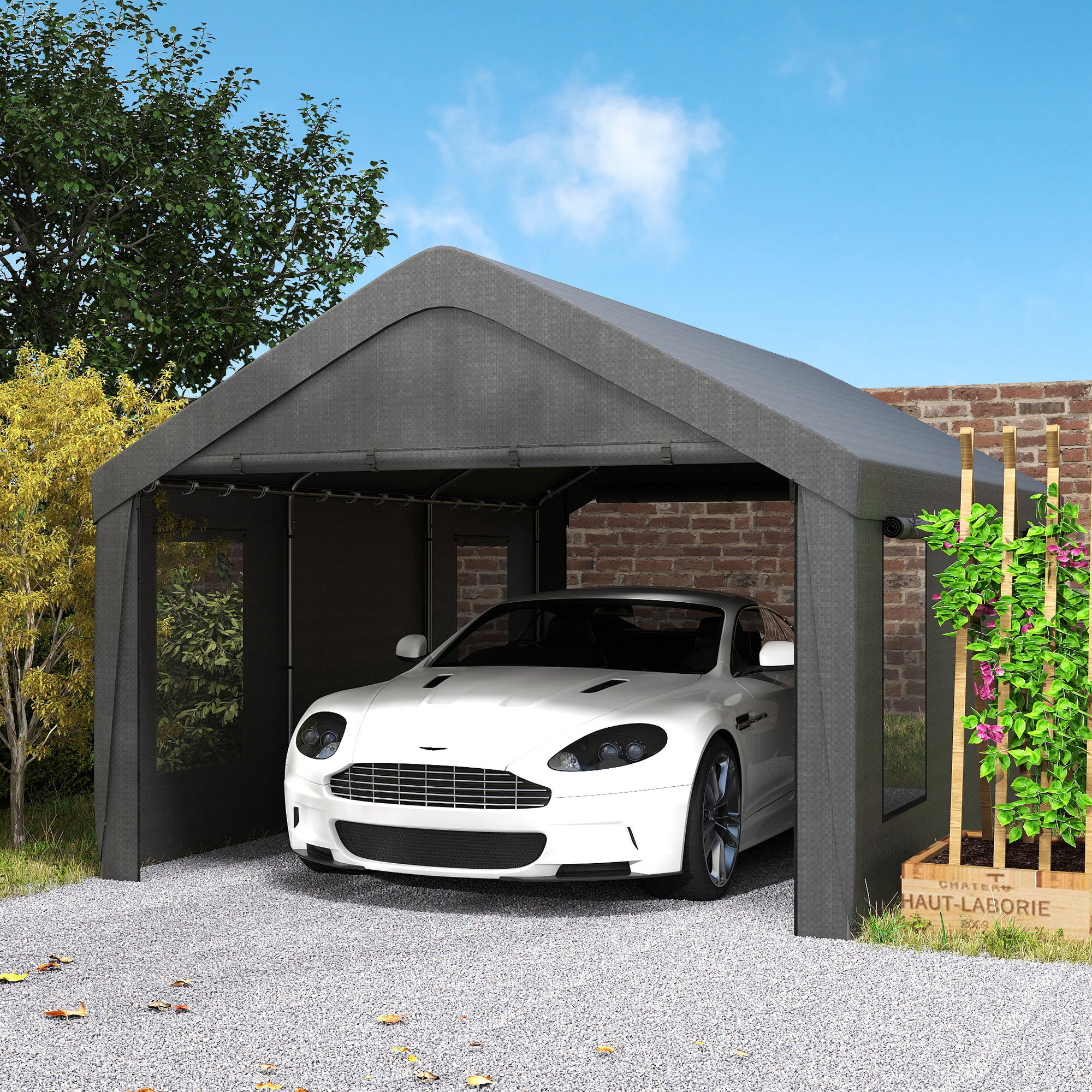 12 x 20ft Carport with 2 Roll-Up Doors, 4 Windows, Portable Garage with Removable Sidewalls for Car, Truck, Dark Grey