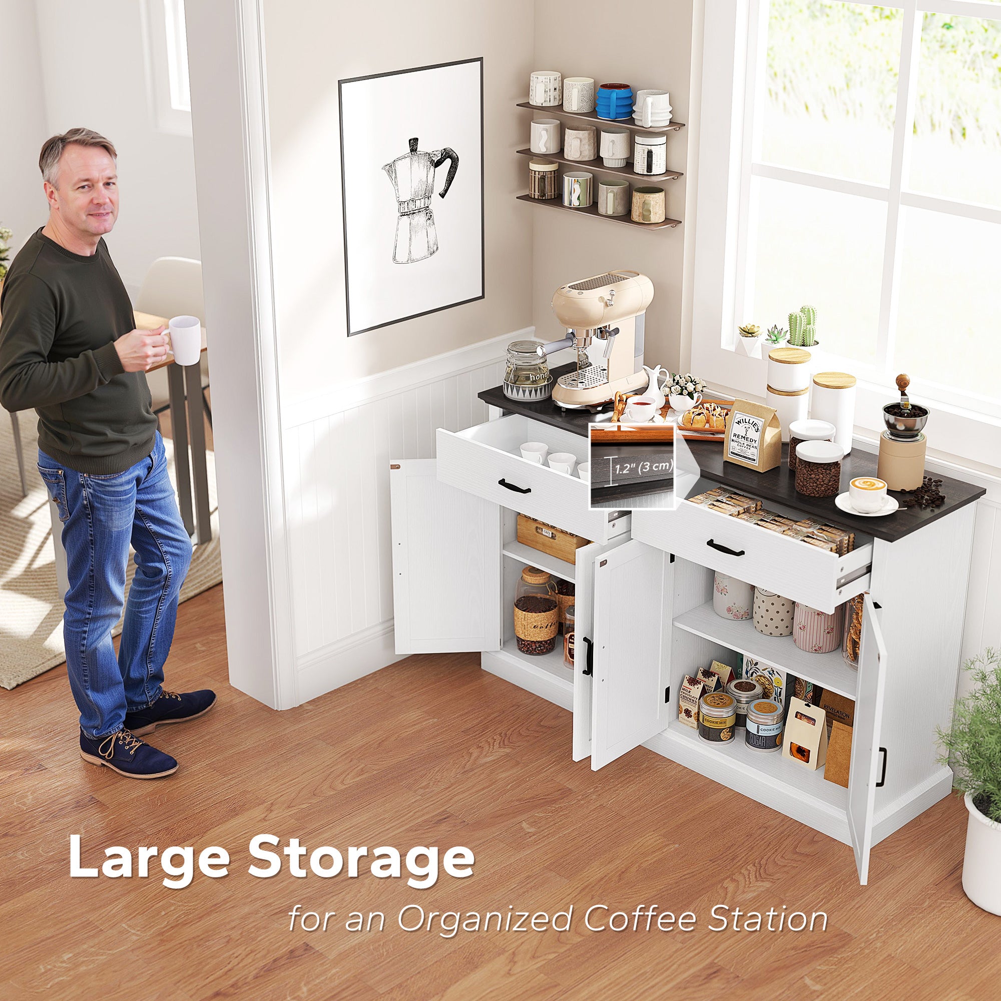 30" Buffet Cabinet, Farmhouse Sideboard with 1.2" Thick Top, 2 Barn Doors, Drawer and Adjustable Shelf, White