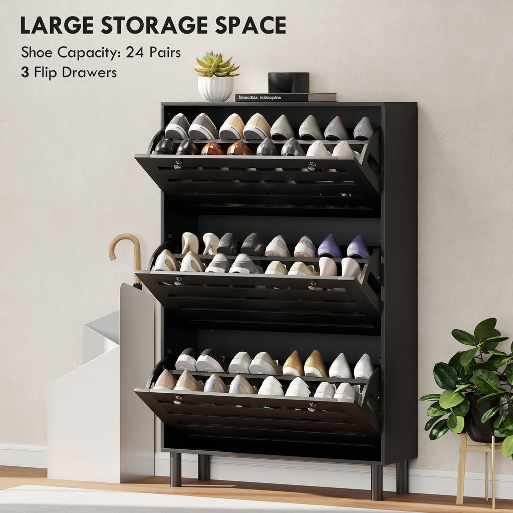 Narrow Shoe Storage Cabinet, 3 Flip Drawers, Adjustable Shelves, 18-24 Pairs Capacity, White