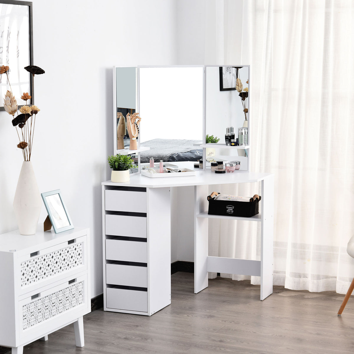 Corner Dressing Table, Makeup Desk with 3-piece Mirror and 5 Drawers, White