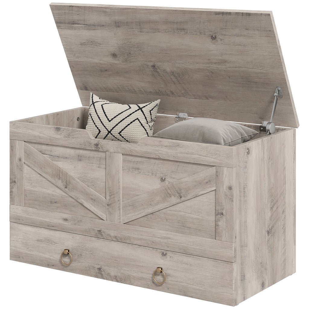39.4 Inches Storage Chest, Storage Trunk with 2 Safety Hinges for Living Room, Black Wood Grain