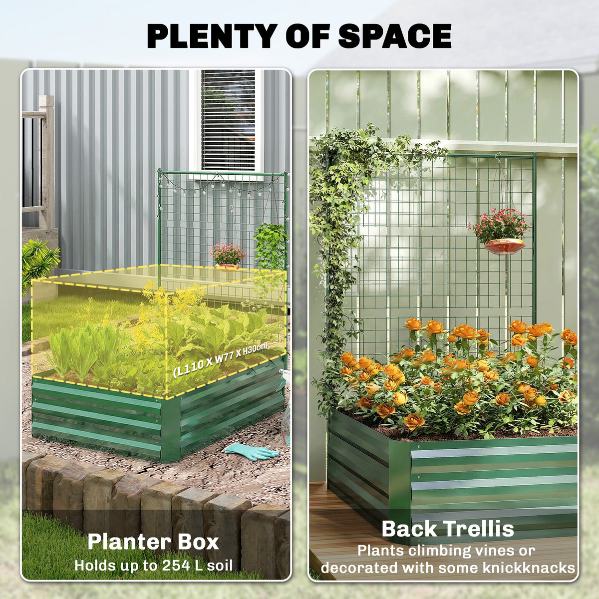 Galvanized Raised Garden Bed with Trellis for Climbing Plants, Outdoor Planter Box with Open Bottom, Black