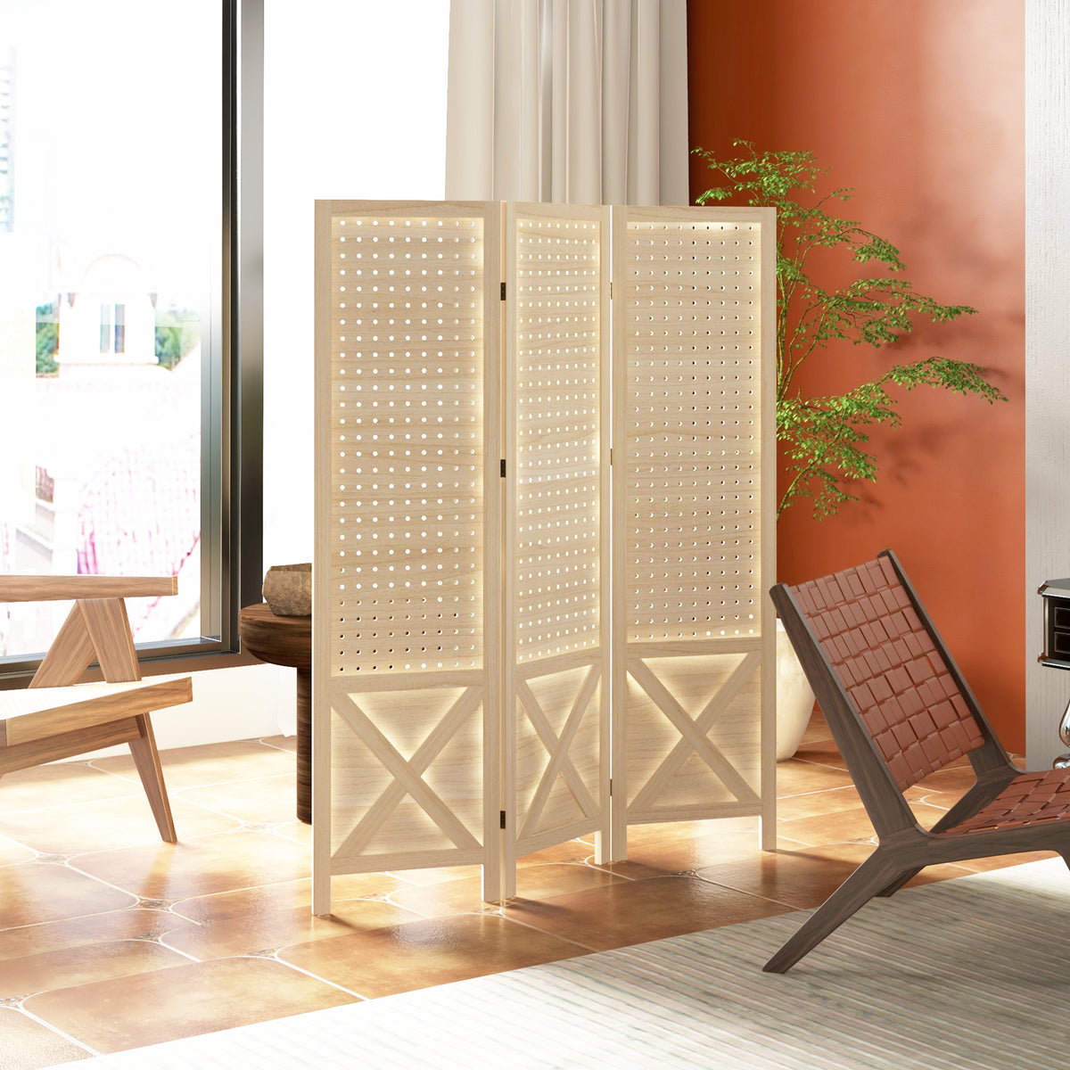 4.7' 4 Panel Wooden Room Divider with Pegboard Display, Folding Privacy Screen for Home Office, Natural