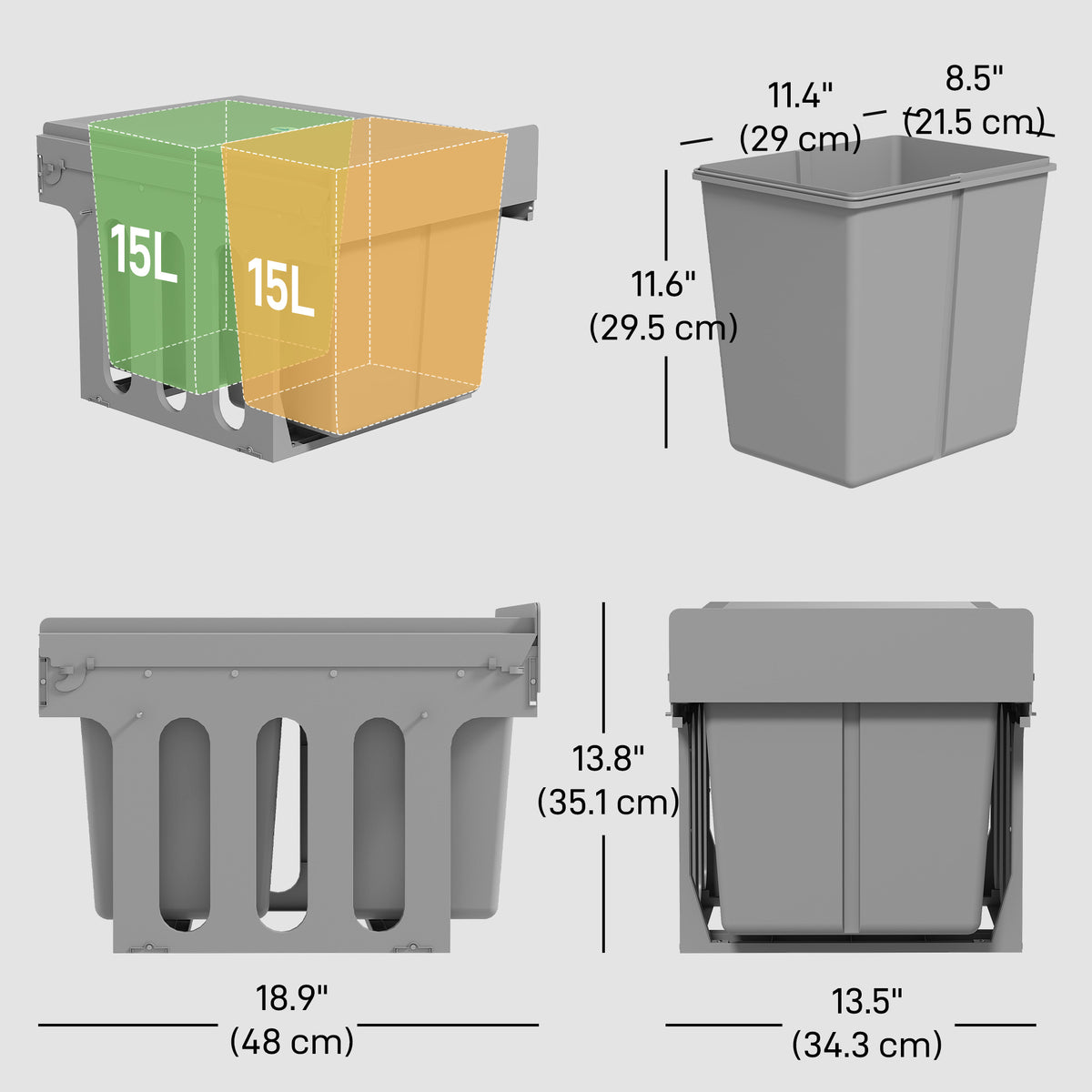 Pull Out Bin, Under Sink Garbage Can with 2 Removable Compartments (4 gallon Each) for Kitchen Waste, Light Grey