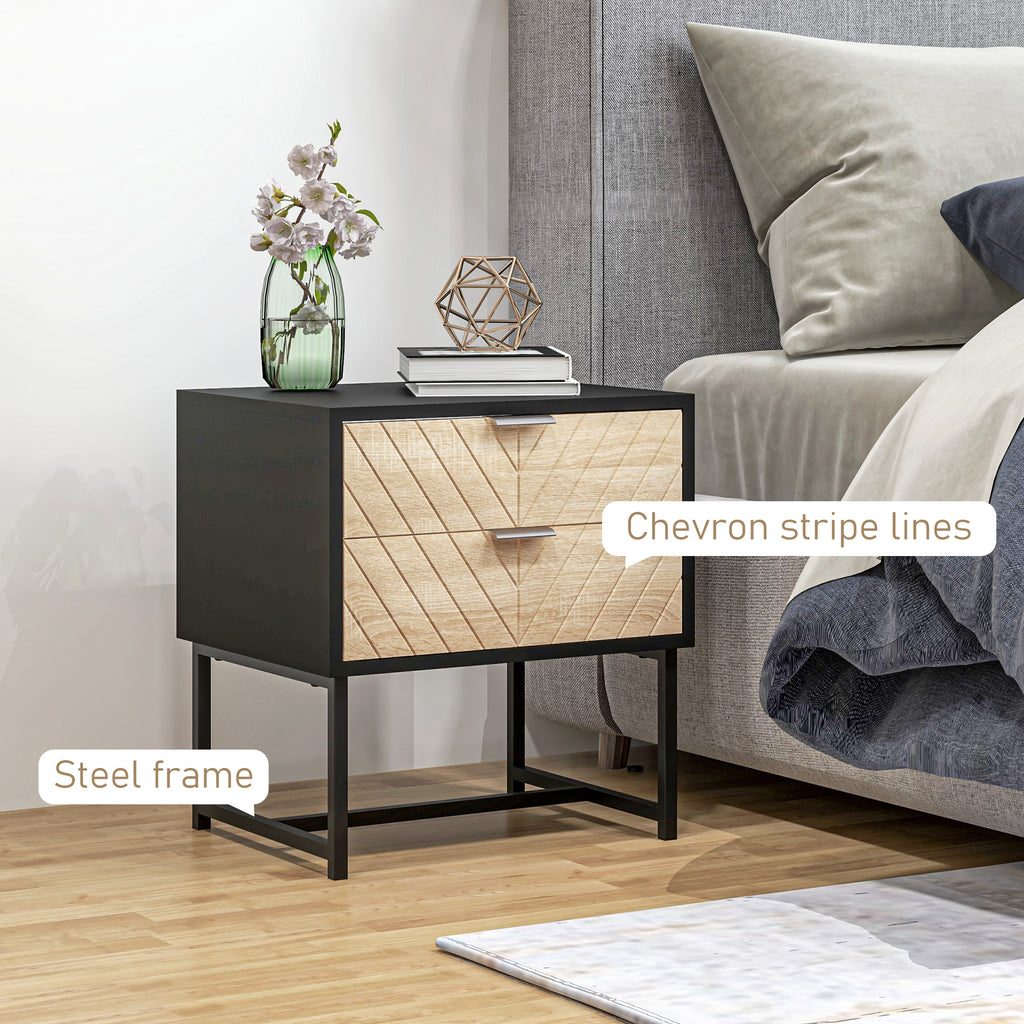 Modern Bedside Table with 2 Drawers and Steel Frame, Sofa Side Table for Bedroom Living Room, White and Oak
