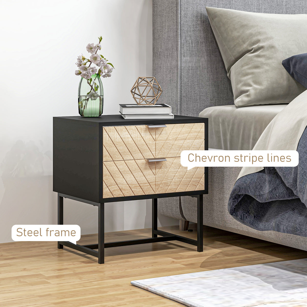 Modern Bedside Table with 2 Drawers and Steel Frame, Sofa Side Table for Bedroom Living Room, White and Oak