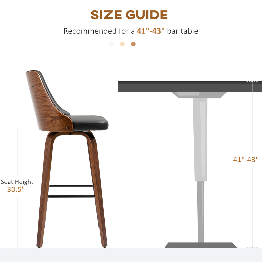 Bar Height Bar Stools Set of 2, PU Leather Upholstered Swivel Barstools with Solid Wood Legs Footrest and Tufted Back, Black