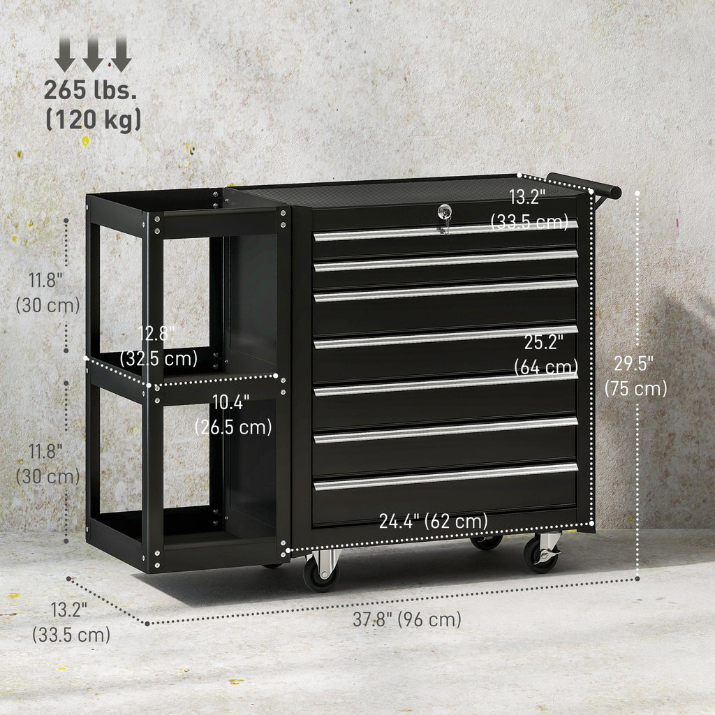 7-Drawer Rolling Tool Chest with Detachable Side Shelf, Lockable Tool Cabinet Box Organizer with Wheels, Black