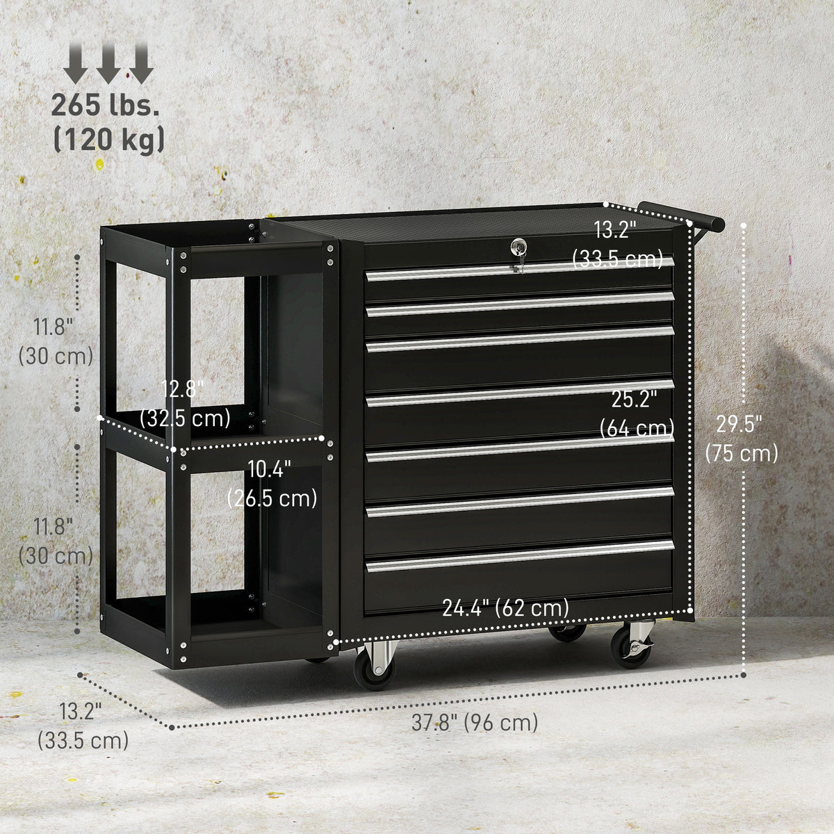7-Drawer Rolling Tool Chest with Detachable Side Shelf, Lockable Tool Cabinet Box Organizer with Wheels, Black