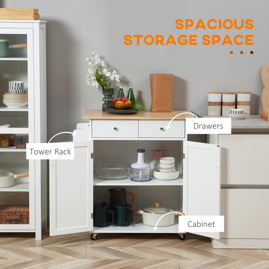 Rolling Kitchen Island with Storage, Kitchen Cart with Rubber Wood Top, Adjustable Shelf, Towel Rack, Hooks and Storage Drawers, White