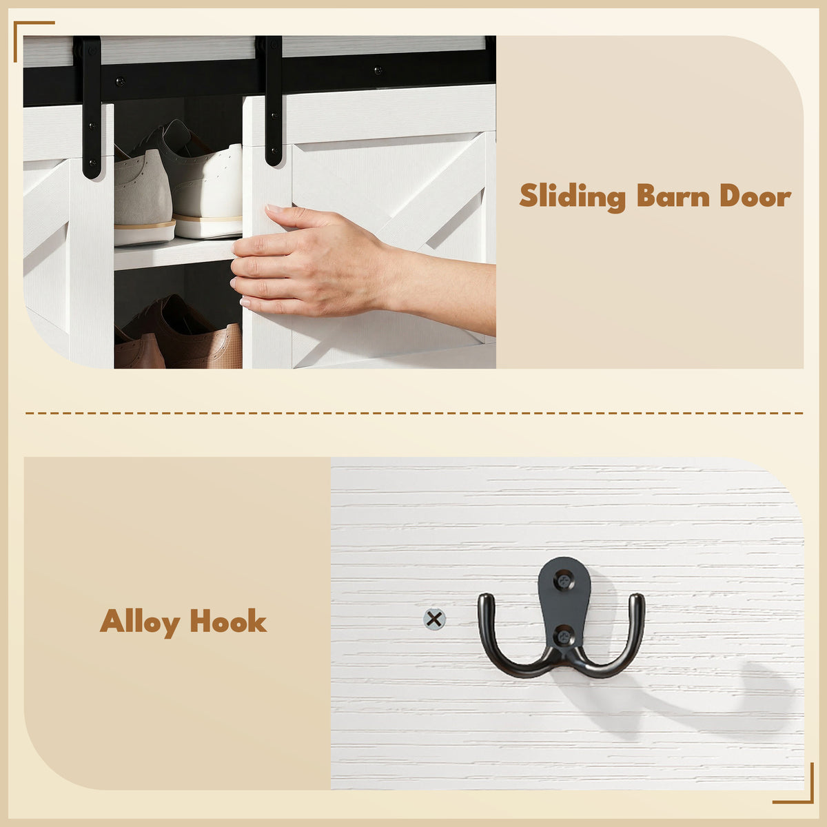 Coat Rack Shoe Bench Set 2-Piece Hall Tree Storage 4 Hooks Sliding Barn Doors White and Dk Walnut