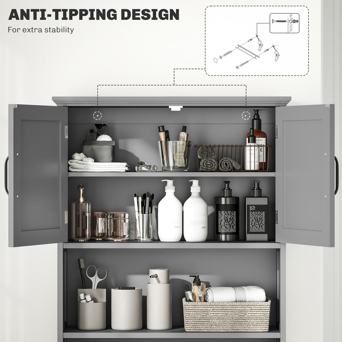 Modern Over The Toilet Storage, Bathroom Cabinets Over Toilet with Open Shelves and Double Door Cabinet, White