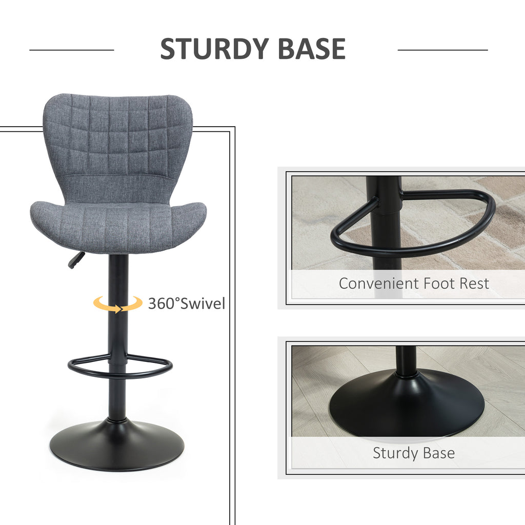 Bar Stools Set of 2, Adjustable Height Swivel Bar Chairs, Linen-feel Fabric Upholstered Kitchen Counter Stools with Wide Seat, Back and Footrest, Grey