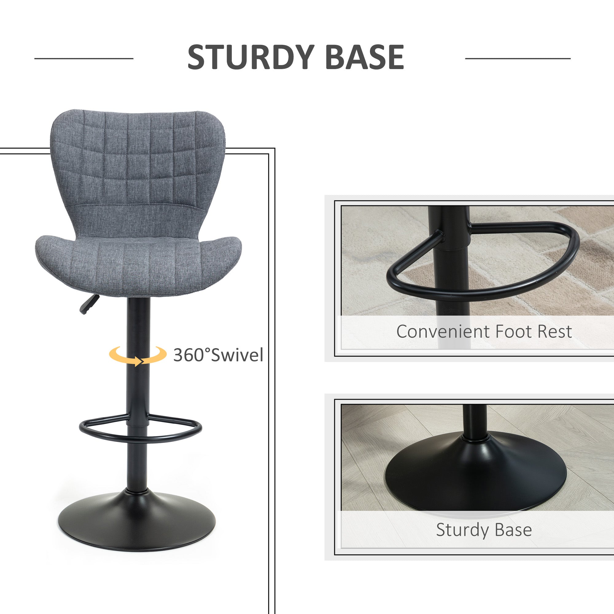 Bar Stools Set of 2, Adjustable Height Swivel Bar Chairs, Linen-feel Fabric Upholstered Kitchen Counter Stools with Wide Seat, Back and Footrest, Grey