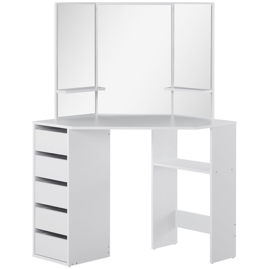 Corner Dressing Table, Makeup Desk with 3-piece Mirror and 5 Drawers, White