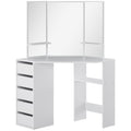 Corner Dressing Table, Makeup Desk with 3-piece Mirror and 5 Drawers, White