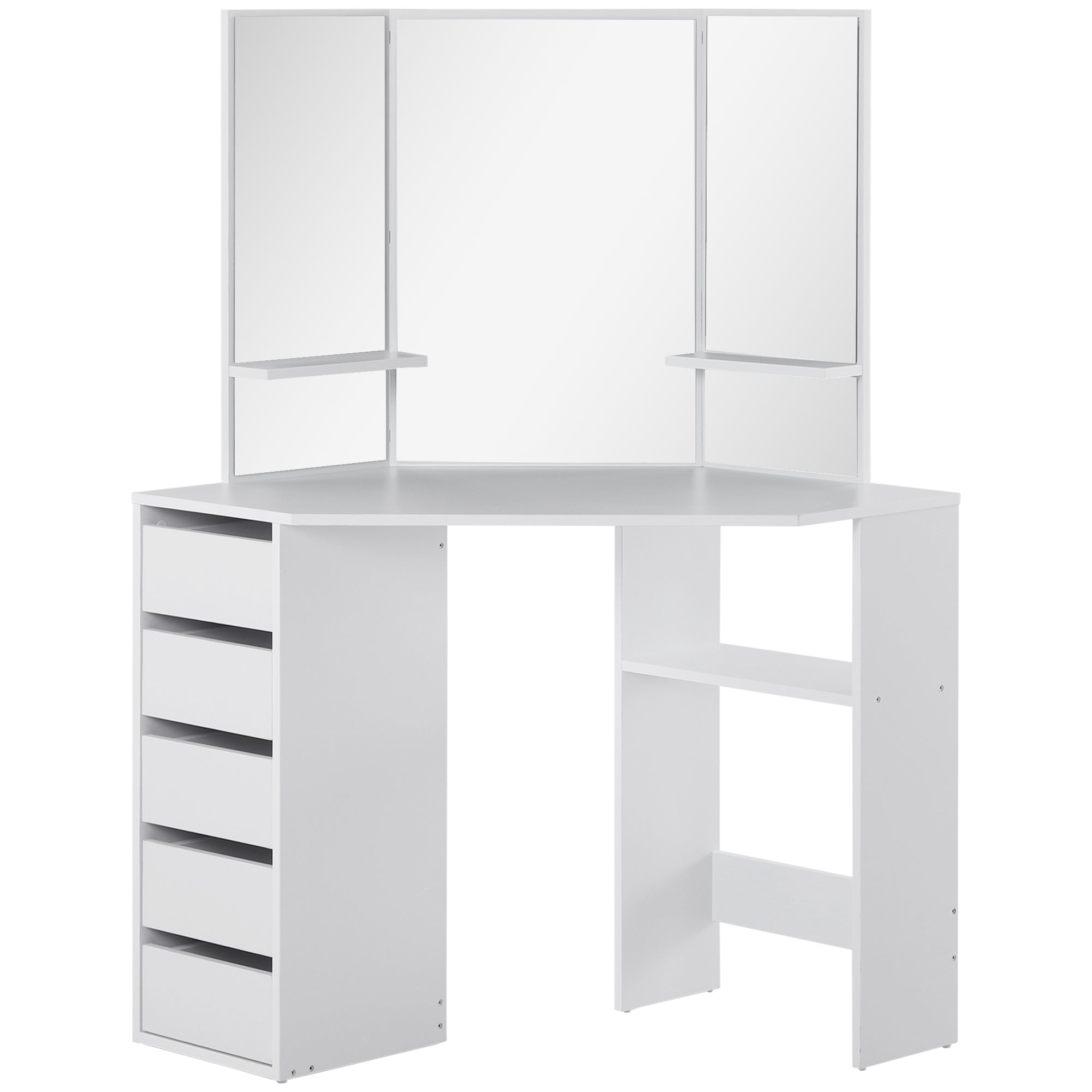 Corner Dressing Table, Makeup Desk with 3-piece Mirror and 5 Drawers, White