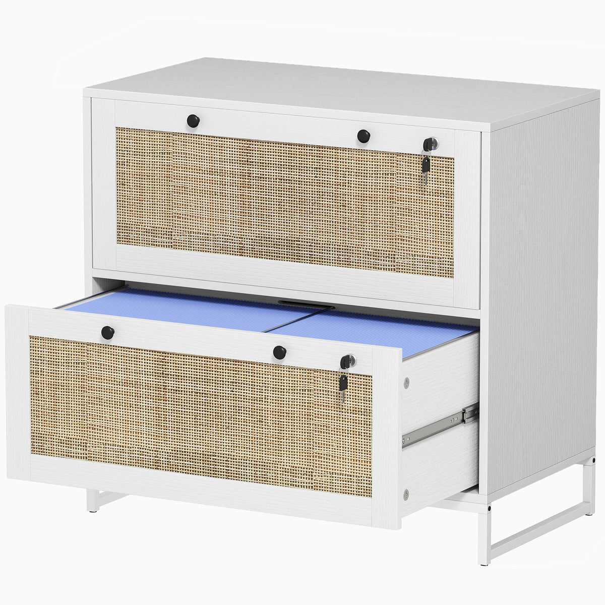 2-Drawer Filing Cabinet with Lock, Rattan File Cabinet with Adjustable Hanging Bar, Black
