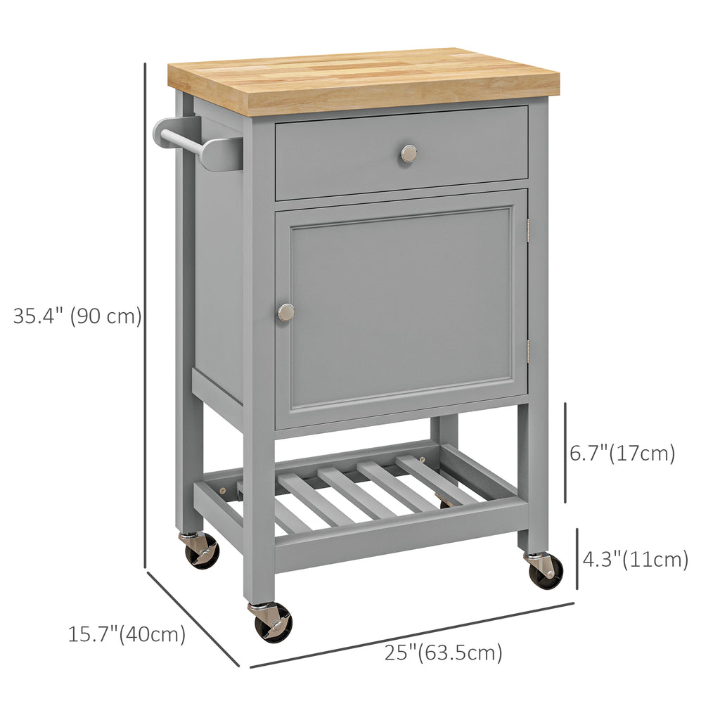 Kitchen Cart on Wheels, Rolling Kitchen Island Cart with Wood Top, Towel Rack, Drawer and Shelf for Dining Area, White