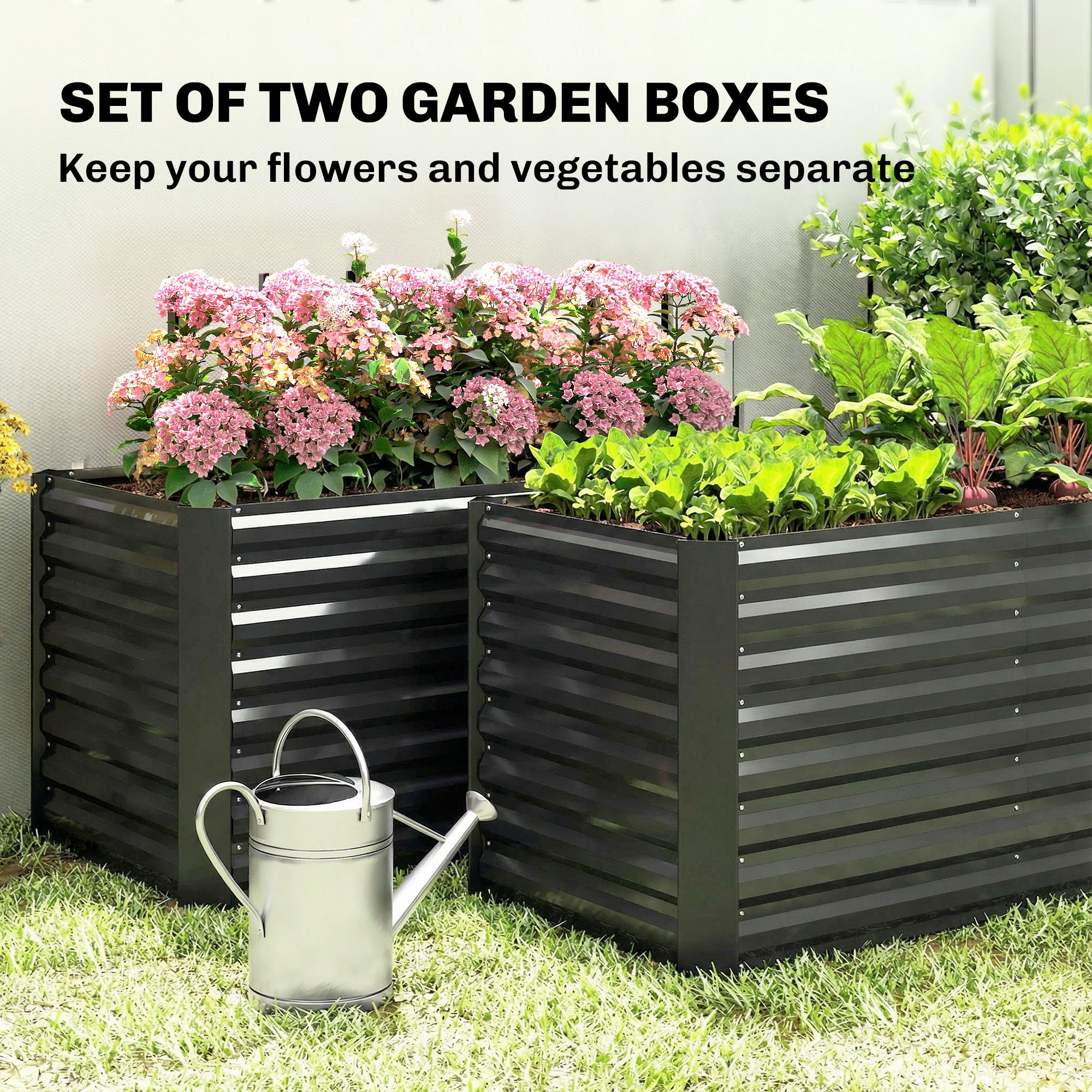 Set of 2 Galvanized Metal Planters for Outdoor Plants, 4' x 2' x 2' Raised Garden Bed, Black