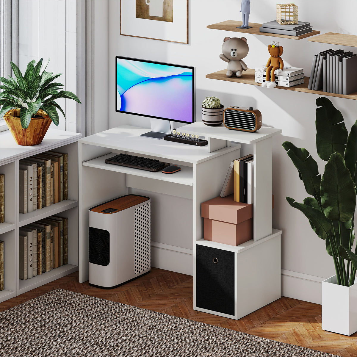 Computer Desk with Sliding Keyboard Tray Storage Drawer Shelf Home Office Workstation Grey