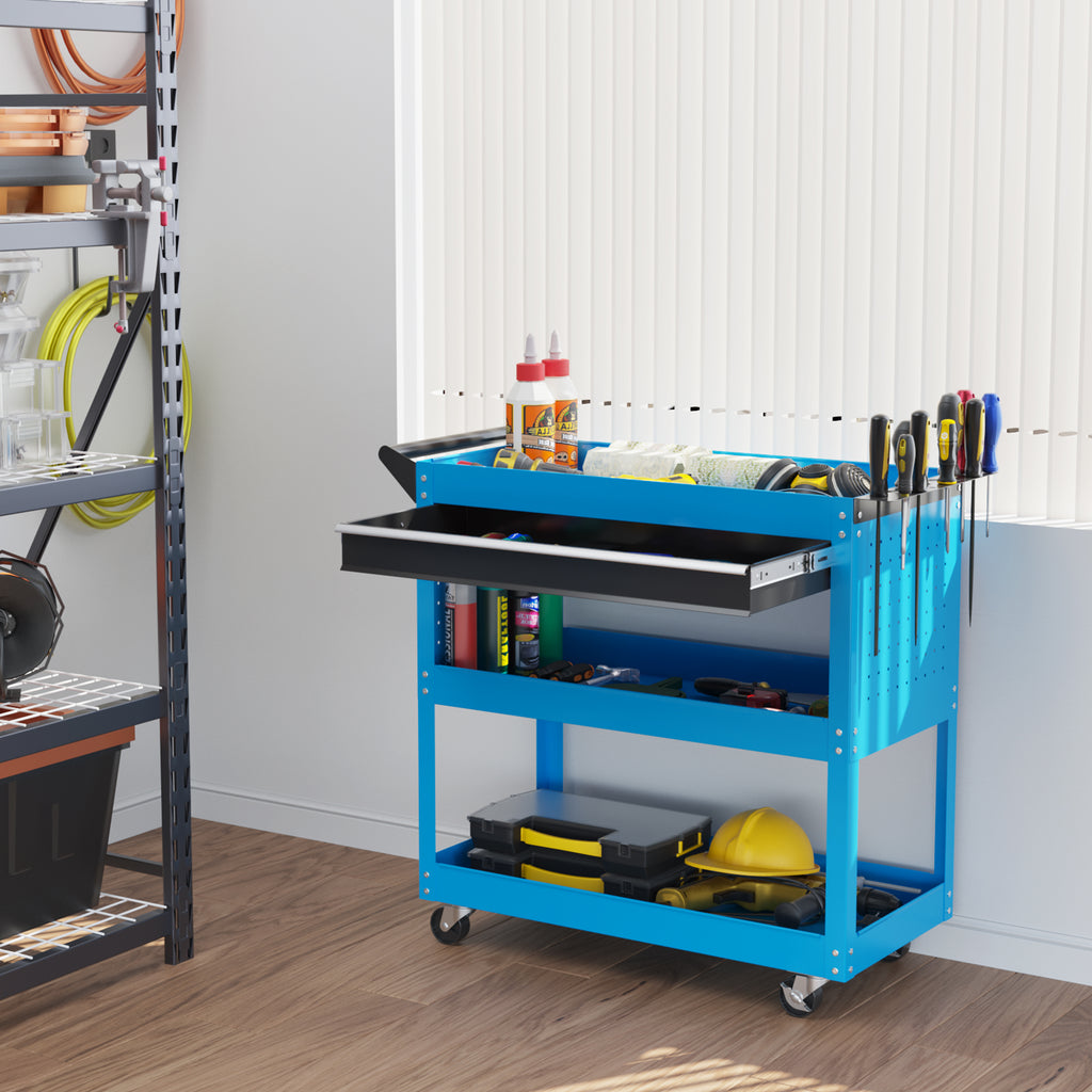 Tool Cart on Wheels, Utility Cart with Wheels, Ball Bearing Drawer, Storage Trays for Garage, Warehouse, Workshop, Blue