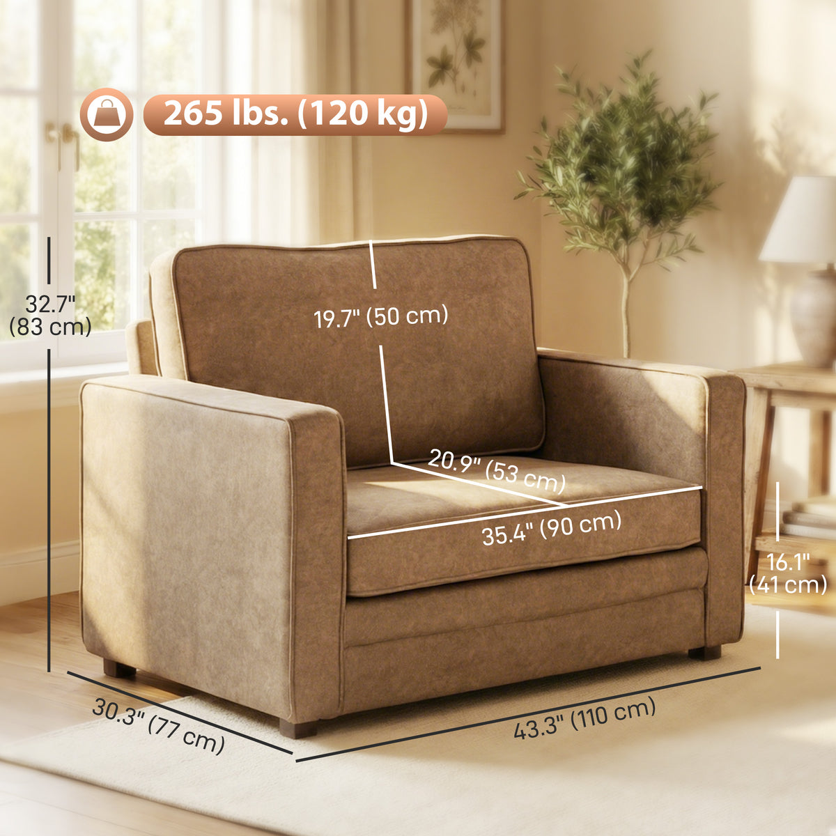 Accent Chair, Velvet-feel Fabric Armchair with Wide Seat, Spring Cushion, Solid Wood legs, Brown
