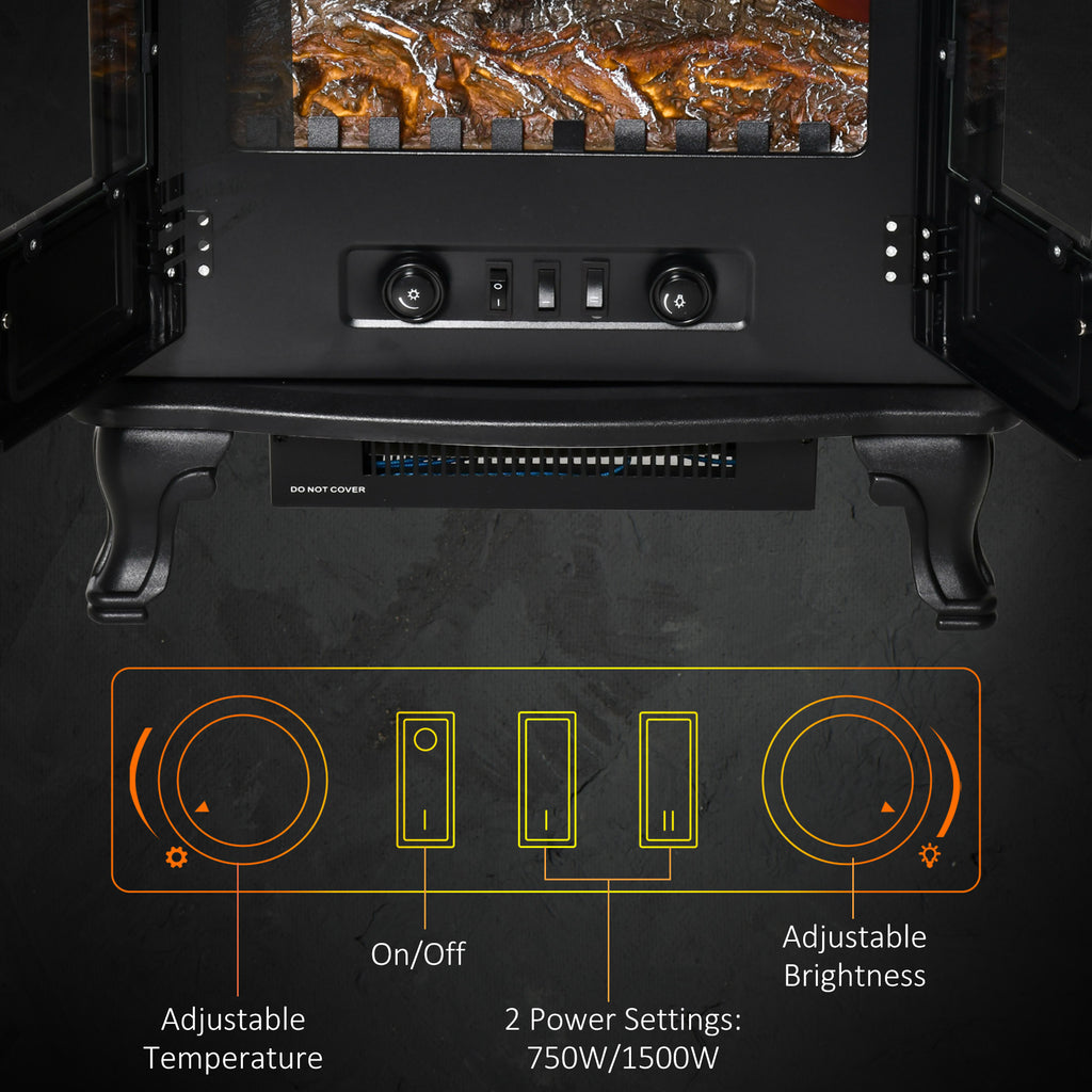 Electric Fireplace Stove Heater with LED Fire Flame Effect, Double Door, Freestanding & Portable with Overheat Protection, 750W/1500W, Black