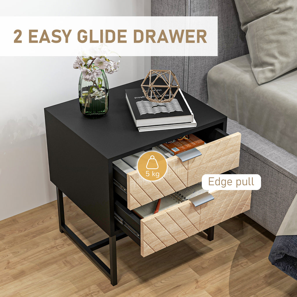 Modern Bedside Table with 2 Drawers and Steel Frame, Sofa Side Table for Bedroom Living Room, White and Oak