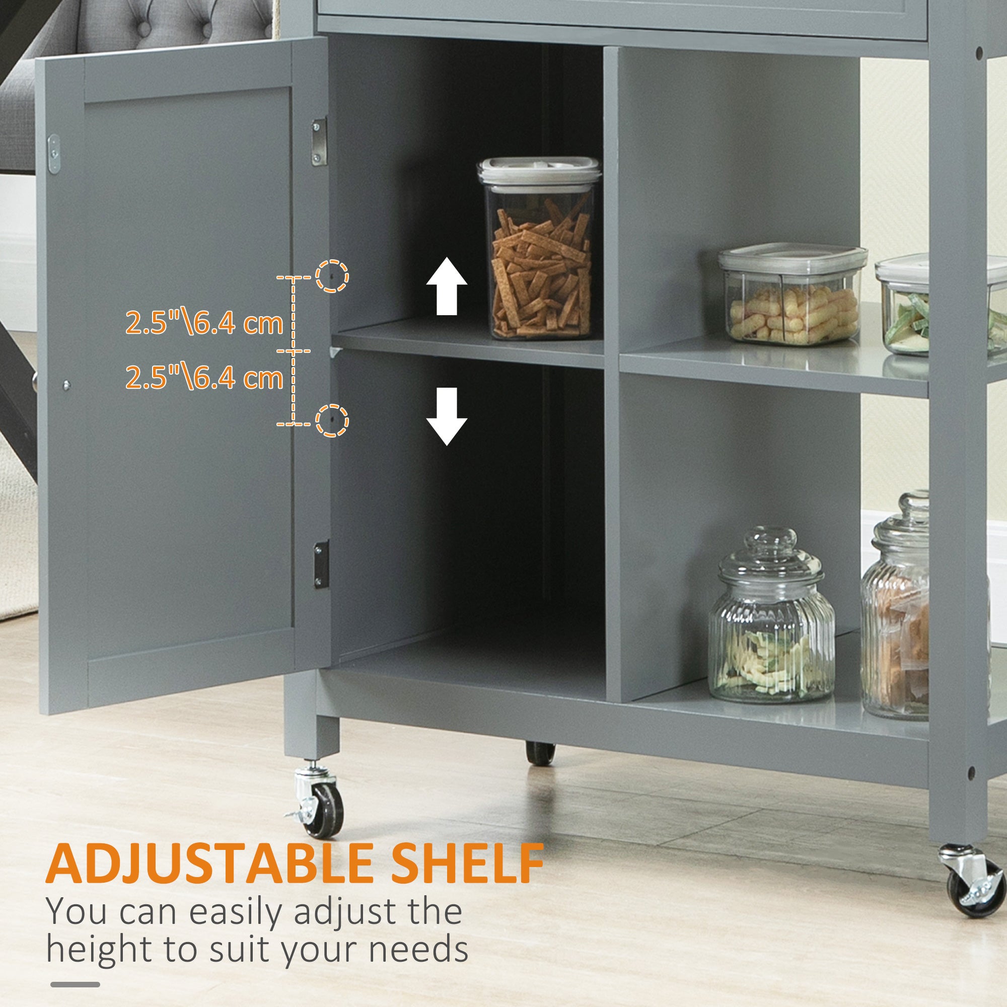 Rolling Kitchen Cart with Wood Top and Drawer, Kitchen Island on Wheels for Dining Room, Grey