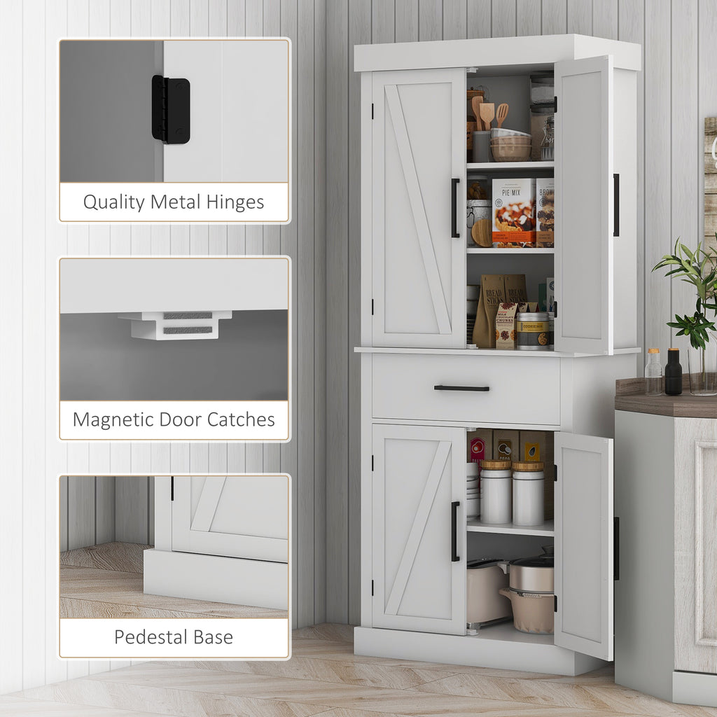 72" Kitchen Storage Cabinet, Farmhouse Kitchen Pantry Cabinet with 4 Barn Doors, Drawer, Adjustable Shelves, White