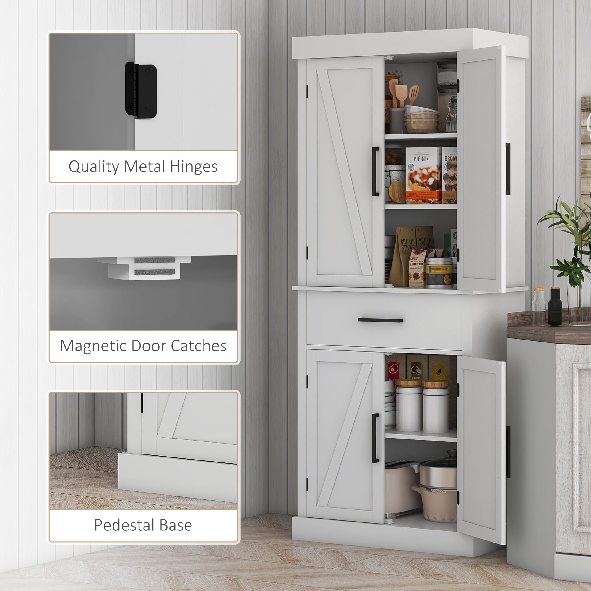 72" Kitchen Storage Cabinet, Farmhouse Kitchen Pantry Cabinet with 4 Barn Doors, Drawer, Adjustable Shelves, White