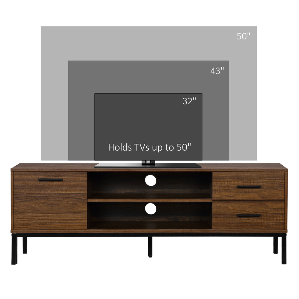 TV Stand for TV up to 50 Inches, TV Cabinet with Door, Open Storage and Drawers, TV Table with Steel Legs, Dark Walunt