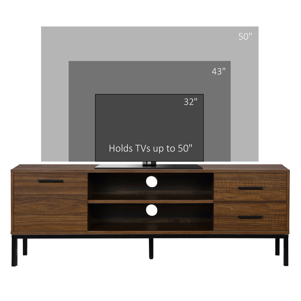TV Stand for TV up to 50 Inches, TV Cabinet with Door, Open Storage and Drawers, TV Table with Steel Legs, Dark Walunt