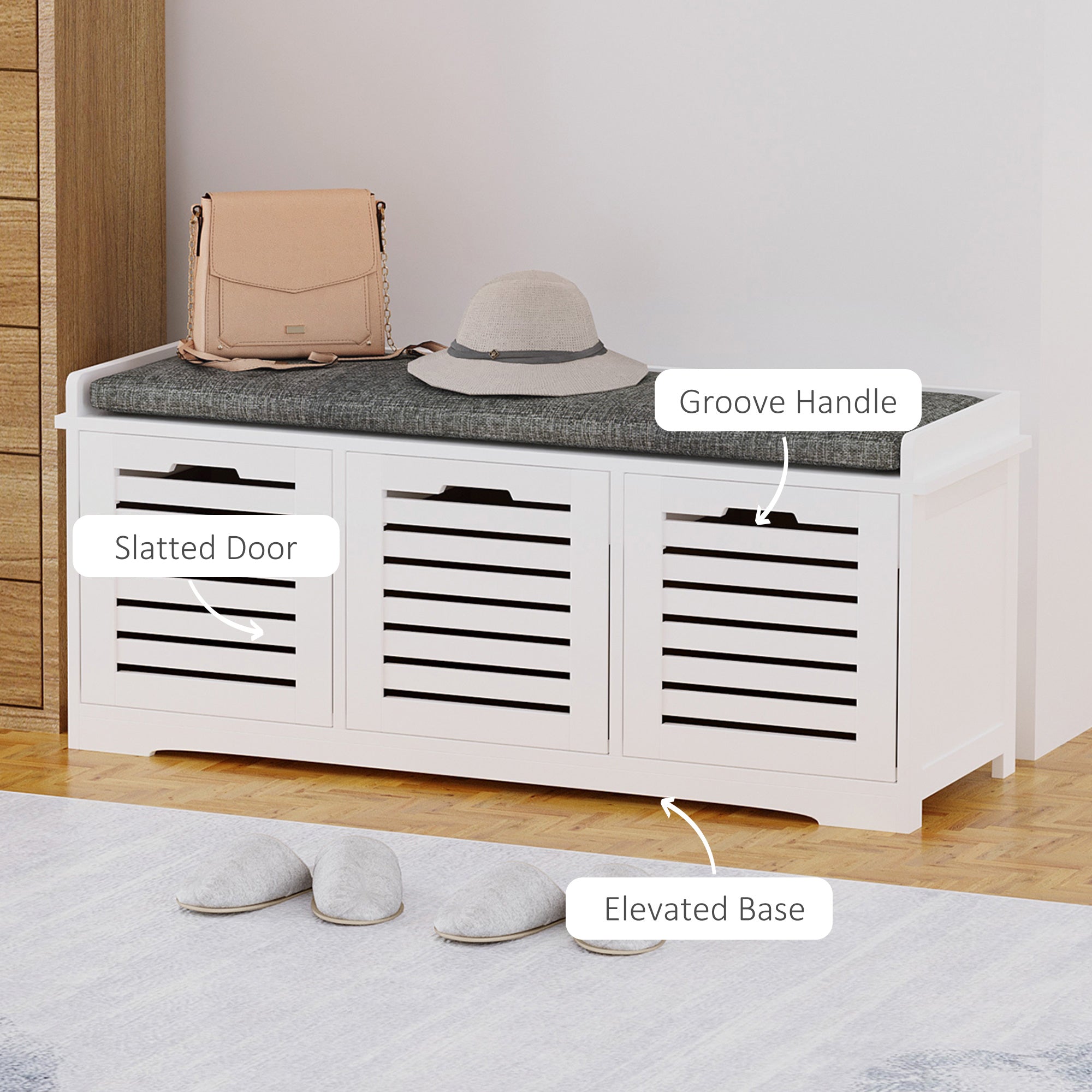 Upholstered Shoe Cabinet Storage Bench with Padded Cushion, with 3 drawer Enough Storage Space Bench Stool for Living Room Entryway Furniture, White