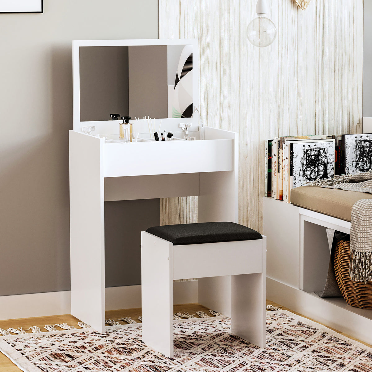 طقم فانيتي عصري مع طاولة مكياج وكرسي مبطن، طاولة تزيين بمرآة علوية قابلة للطي لغرفة النوم، أبيض