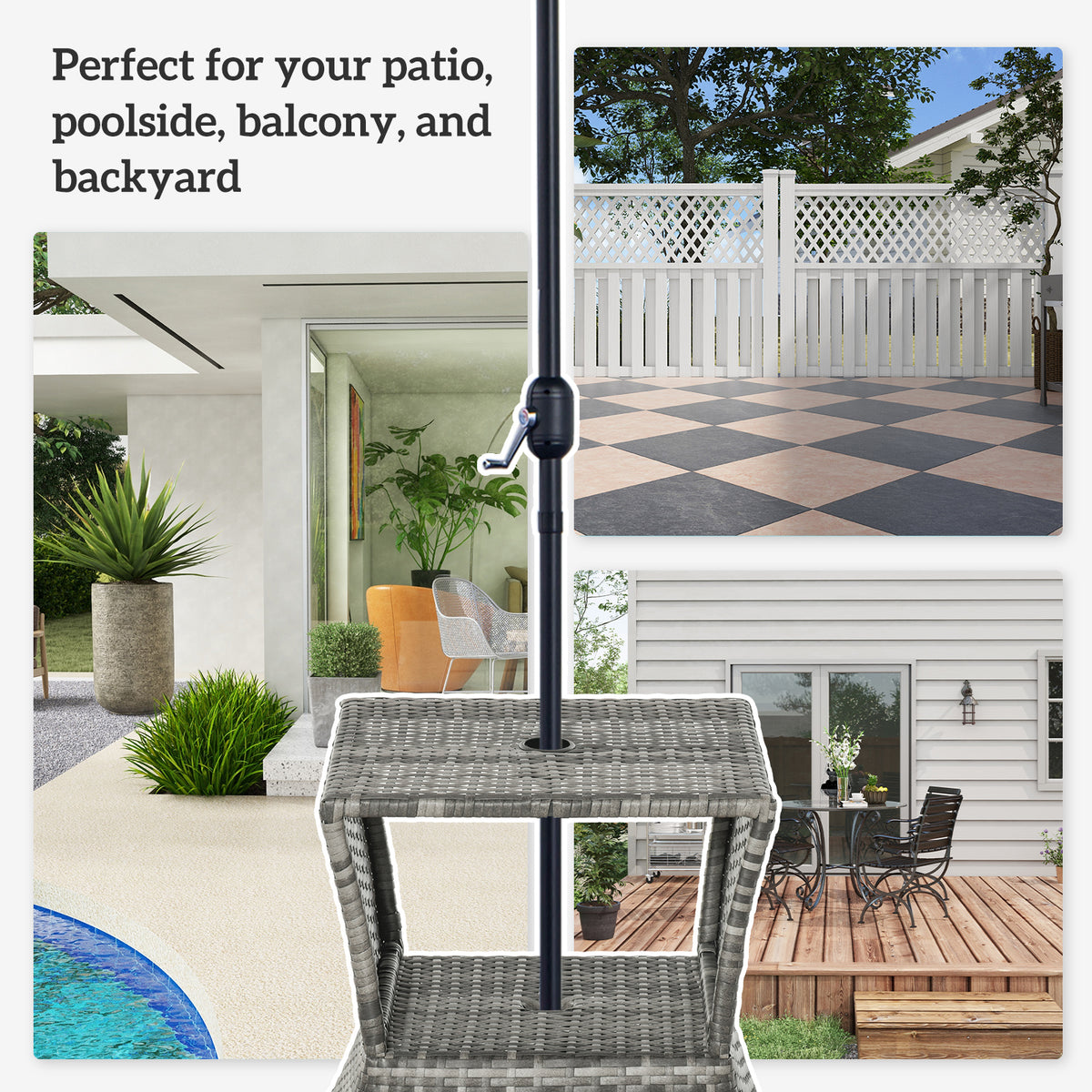 Rattan Wicker Side Table, 21.3" Square Outdoor End Table with Umbrella Hole 2-Tier Storage for Patio Garden Mixed Brown