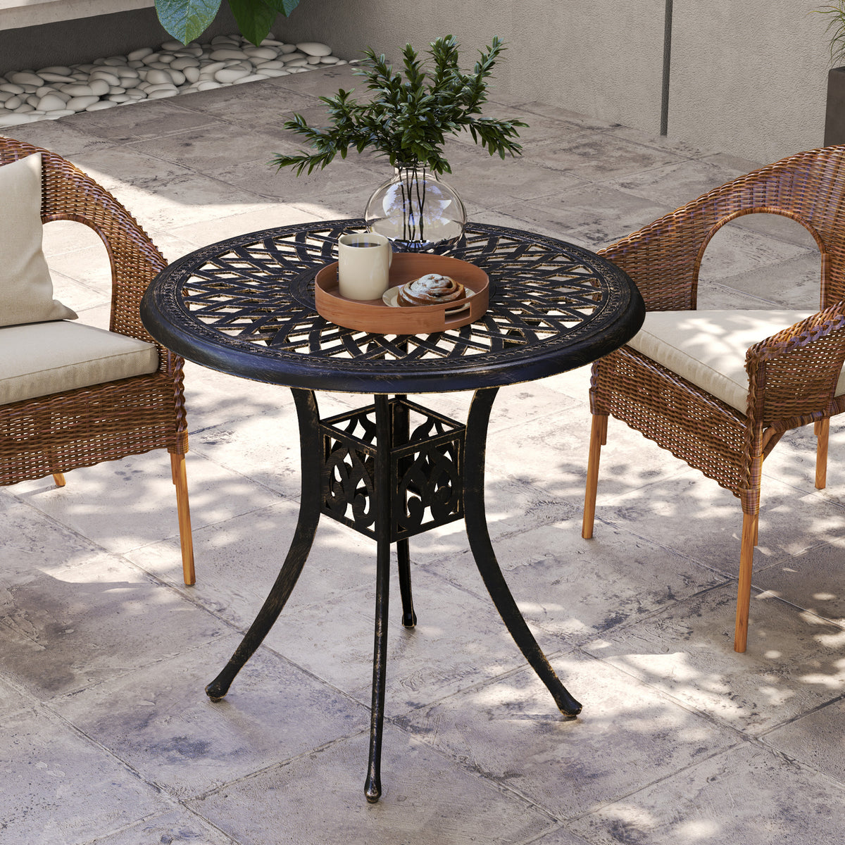 30-inch Round Patio Dining Table with Umbrella Hole Cast Aluminium Outdoor Bistro Table, Black